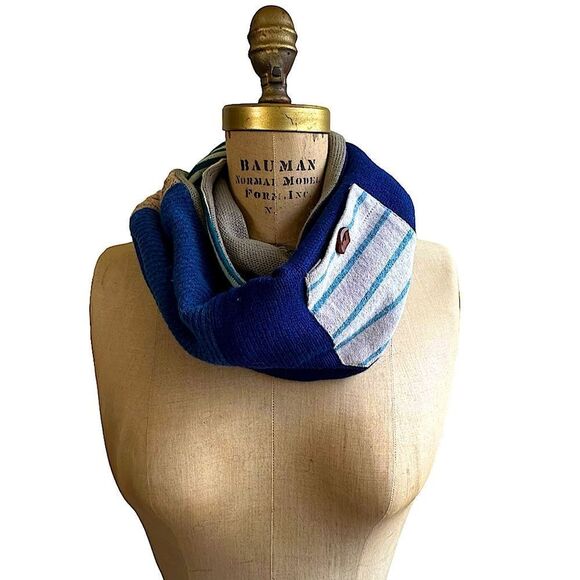 Blue and Tan Reversible Knitted Infinity Scarf with button up patch pocket - Picture 1 of 9